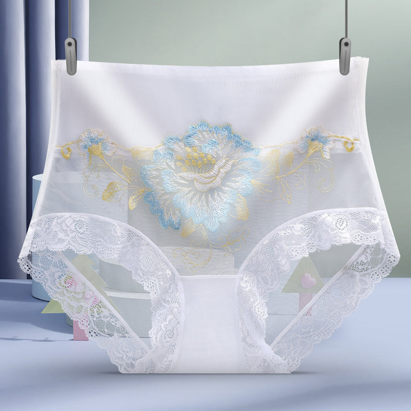 "Dam trosor högmidjade spets broderi mesh naturligt höftskydd, elegant och bekväm med romantiska blommönster."