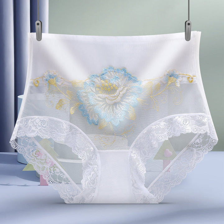 "Dam trosor högmidjade spets broderi mesh naturligt höftskydd, elegant och bekväm med romantiska blommönster."
