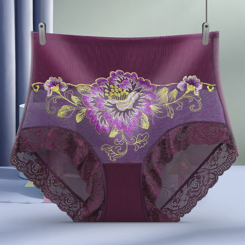"Dam trosor högmidjade spets broderi mesh naturligt höftskydd, elegant och bekväm med romantiska blommönster."