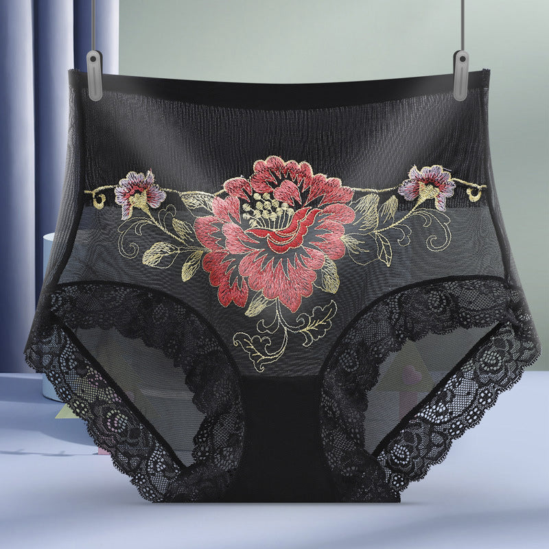 "Dam trosor högmidjade spets broderi mesh naturligt höftskydd, elegant och bekväm med romantiska blommönster."