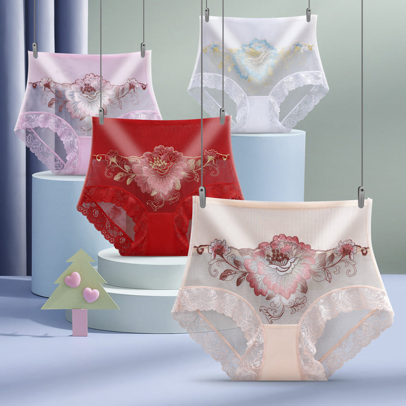 "Dam trosor högmidjade spets broderi mesh naturligt höftskydd, elegant och bekväm med romantiska blommönster."