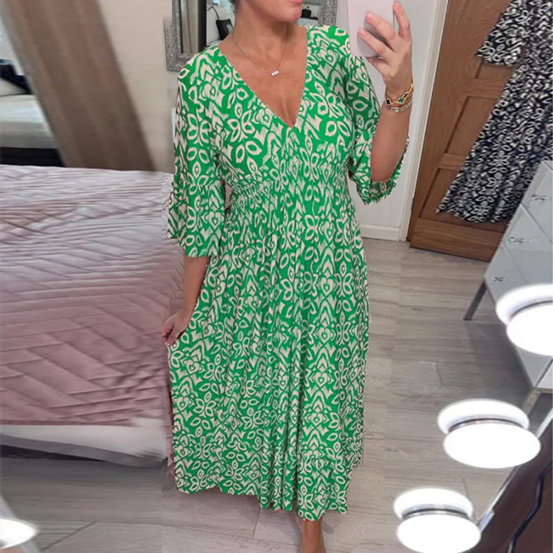 "Dam V-ringad A-linje klänning med utsvängda flare ärmar i elegant design, idealisk för vår- och sommarstilar."