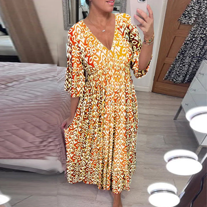 "Dam V-ringad A-linje klänning med utsvängda flare ärmar i elegant design, idealisk för vår- och sommarstilar."