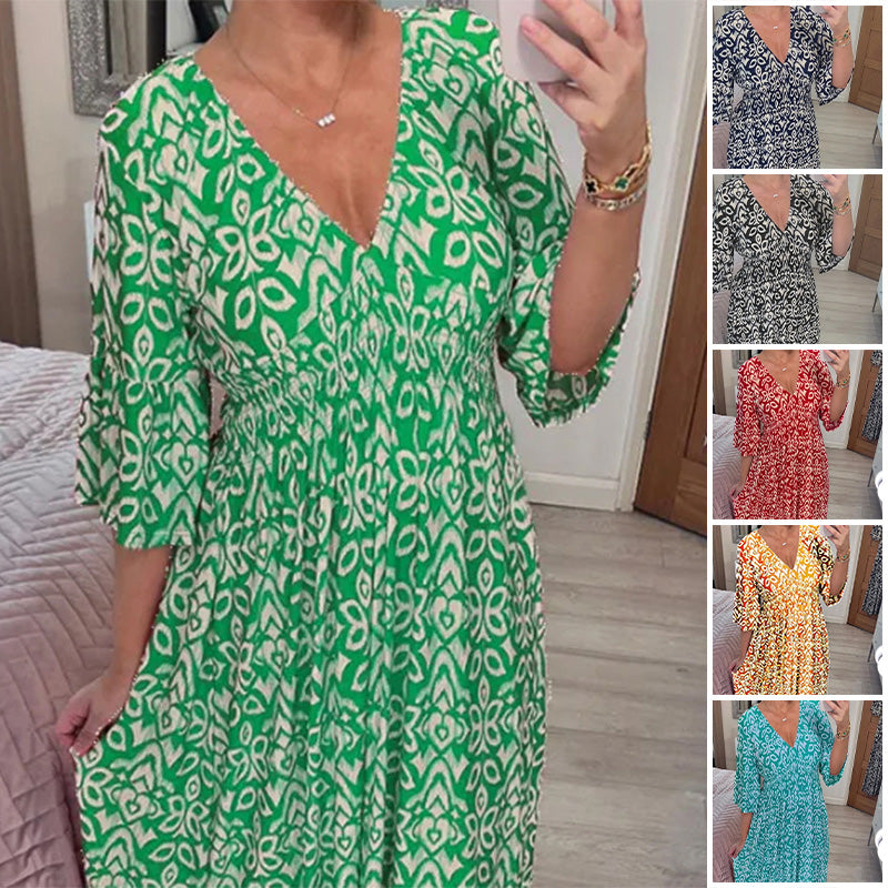 "Dam V-ringad A-linje klänning med utsvängda flare ärmar i elegant design, idealisk för vår- och sommarstilar."