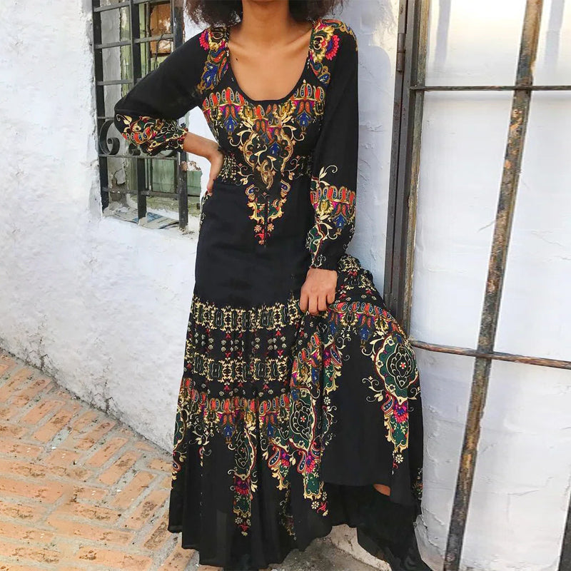 "Dam vintage tryck långärmad klänning i boho stil, blommönster, romantisk design, idealisk för sommar och lediga tillfällen."