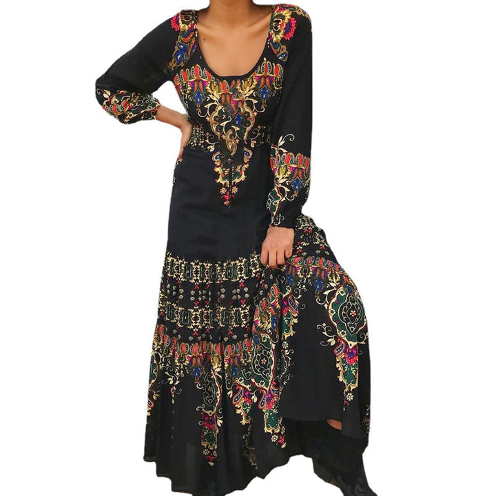 "Dam vintage tryck långärmad klänning i boho stil, blommönster, romantisk design, idealisk för sommar och lediga tillfällen."