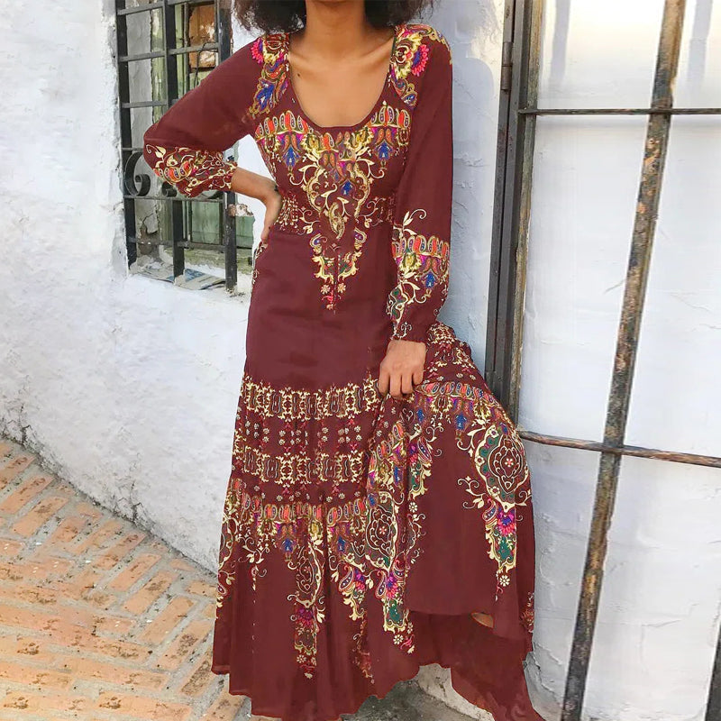 "Dam vintage tryck långärmad klänning i boho stil, blommönster, romantisk design, idealisk för sommar och lediga tillfällen."