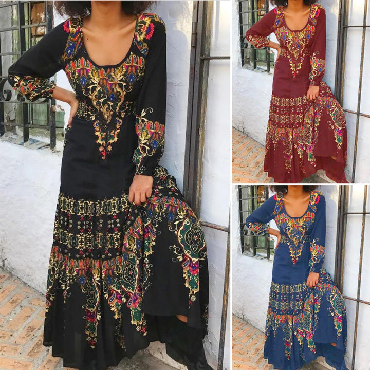 "Dam vintage tryck långärmad klänning i boho stil, blommönster, romantisk design, idealisk för sommar och lediga tillfällen."