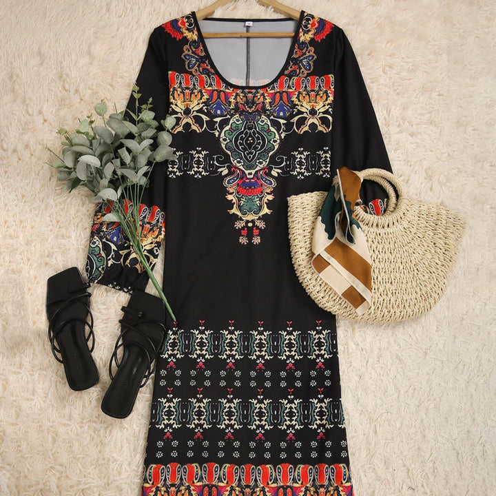 "Dam vintage tryck långärmad klänning i boho stil, blommönster, romantisk design, idealisk för sommar och lediga tillfällen."