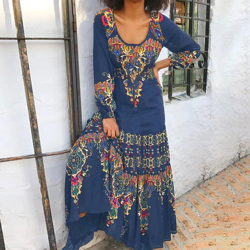 "Dam vintage tryck långärmad klänning i boho stil, blommönster, romantisk design, idealisk för sommar och lediga tillfällen."