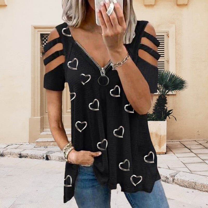 "Dam Vintagemönstrad T-shirt med V-ringning och dragkedja, blommönster, kort ärm, perfekt för vardagsstil."