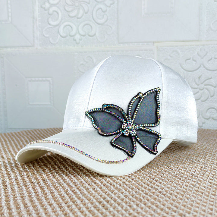 "Dambasebollkeps med strassfjäril, justerbar, svart, rosa, vit, elegant 3D broderad design, kvinnors accessoarer."