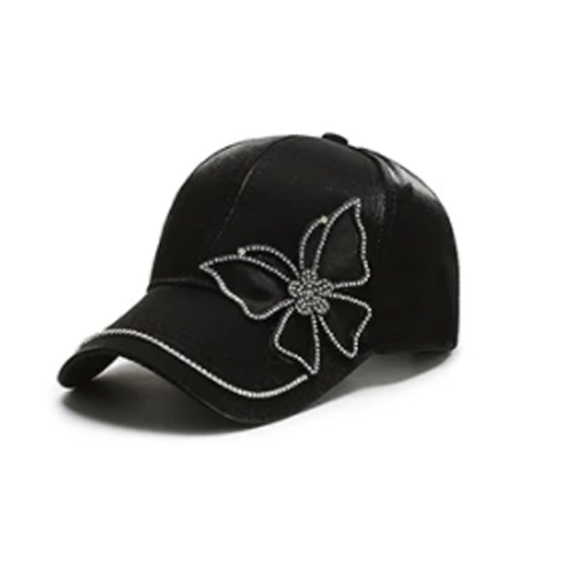 "Dambasebollkeps med strassfjäril, justerbar, svart, rosa, vit, elegant 3D broderad design, kvinnors accessoarer."