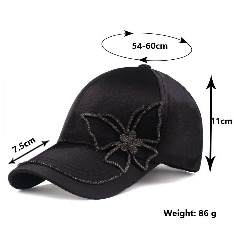 "Dambasebollkeps med strassfjäril, justerbar, svart, rosa, vit, elegant 3D broderad design, kvinnors accessoarer."