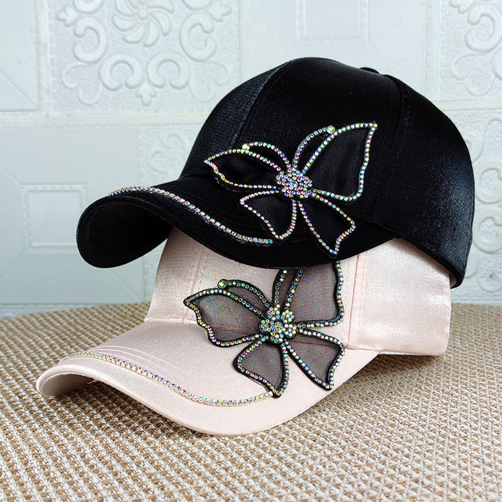 "Dambasebollkeps med strassfjäril, justerbar, svart, rosa, vit, elegant 3D broderad design, kvinnors accessoarer."