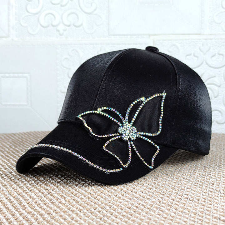 "Dambasebollkeps med strassfjäril, justerbar, svart, rosa, vit, elegant 3D broderad design, kvinnors accessoarer."