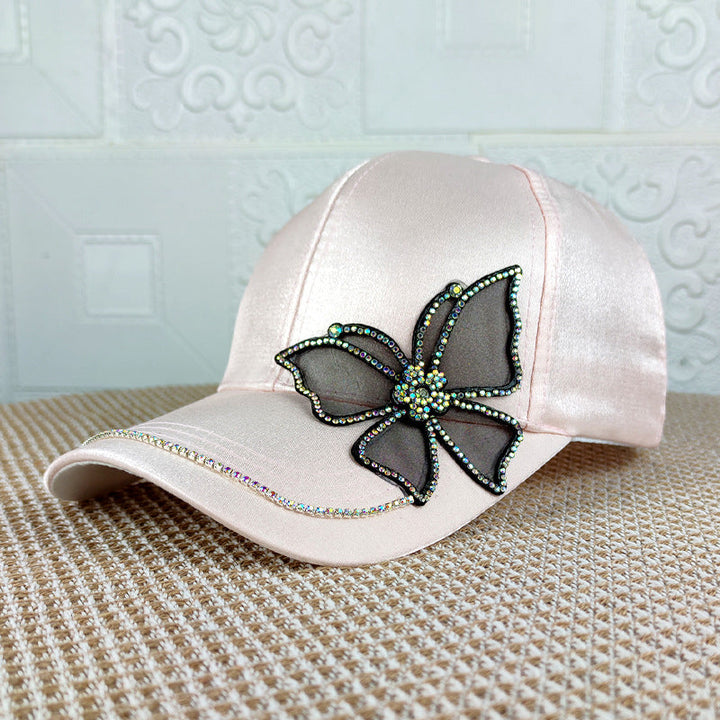 "Dambasebollkeps med strassfjäril, justerbar, svart, rosa, vit, elegant 3D broderad design, kvinnors accessoarer."