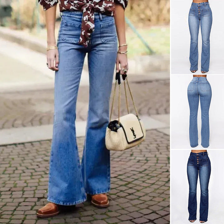 "Dambyxor i denim med hög midja och utsvängda ben, ljusblå nyans. Formande och bekväma för alla tillfällen."