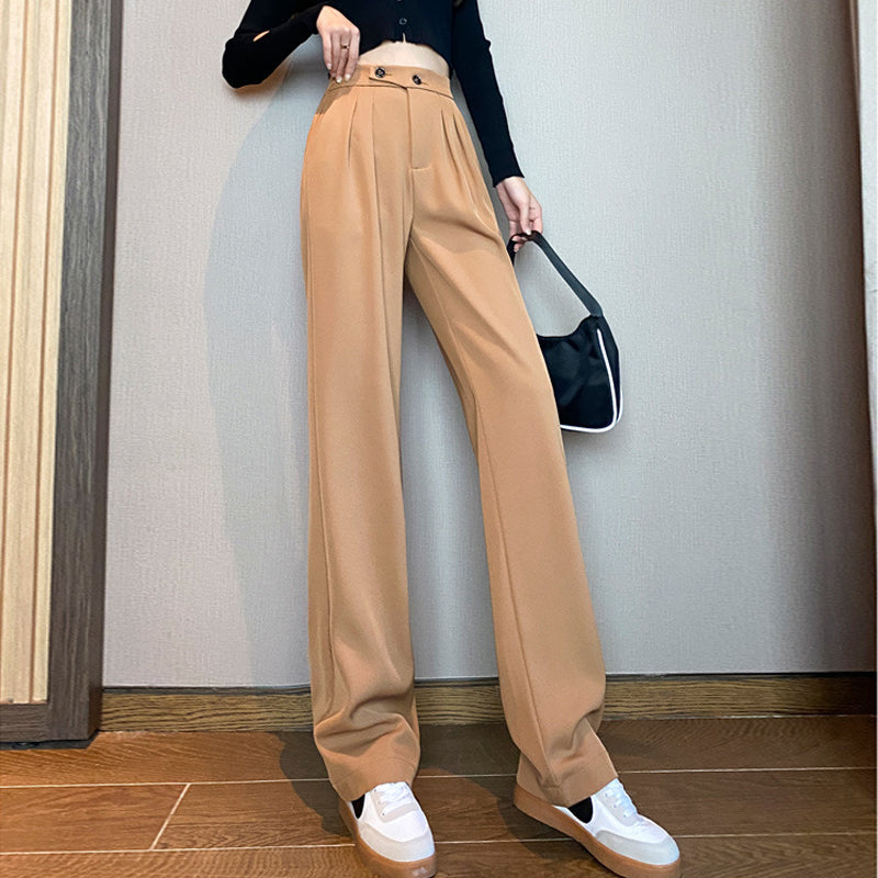 "Dambyxor med hög midja och vida ben i elegant stil, framifrån, slät textur, andningsbart material, chic och självsäker look.