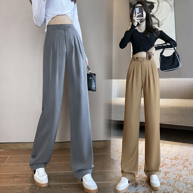 "Dambyxor med hög midja och vida ben i elegant stil, framifrån, slät textur, andningsbart material, chic och självsäker look.