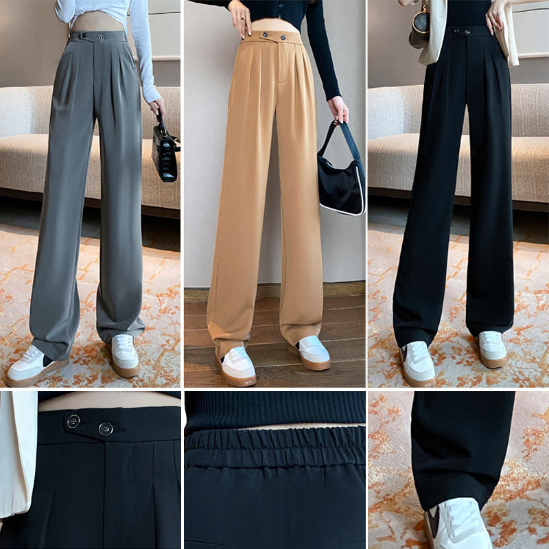 "Dambyxor med hög midja och vida ben i elegant stil, framifrån, slät textur, andningsbart material, chic och självsäker look.