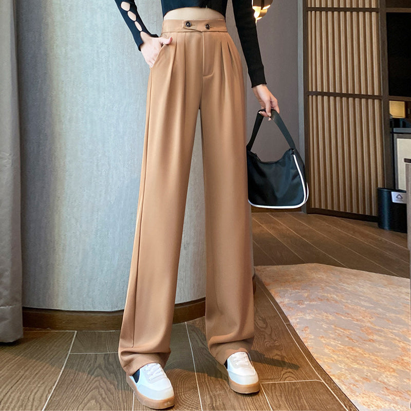 "Dambyxor med hög midja och vida ben i elegant stil, framifrån, slät textur, andningsbart material, chic och självsäker look.