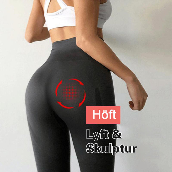 "Damelastiska kompressionstights; svart, hög midja, skulpterar siluetten, förbättrar blodcirkulation och minskar celluliter."