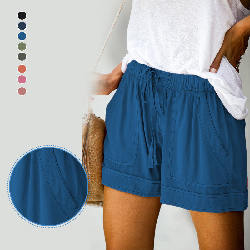 "Damer fritids shorts med hög midja, elastiskt bälte, rak design i bomullsblandning, bekväma och ventilerande, för sommar."