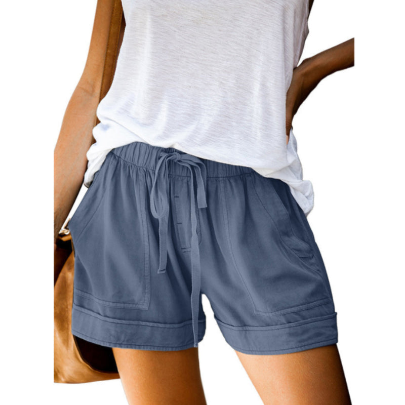 "Damer fritids shorts med hög midja, elastiskt bälte, rak design i bomullsblandning, bekväma och ventilerande, för sommar."