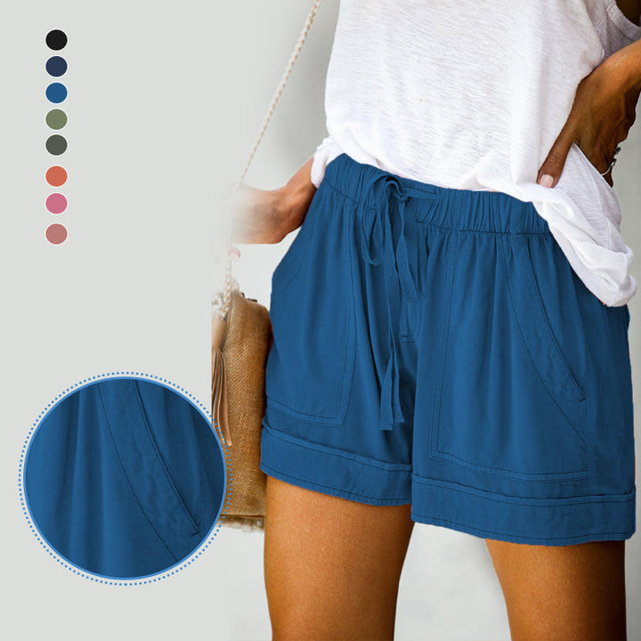 "Damer fritids shorts med hög midja, elastiskt bälte, rak design i bomullsblandning, bekväma och ventilerande, för sommar."