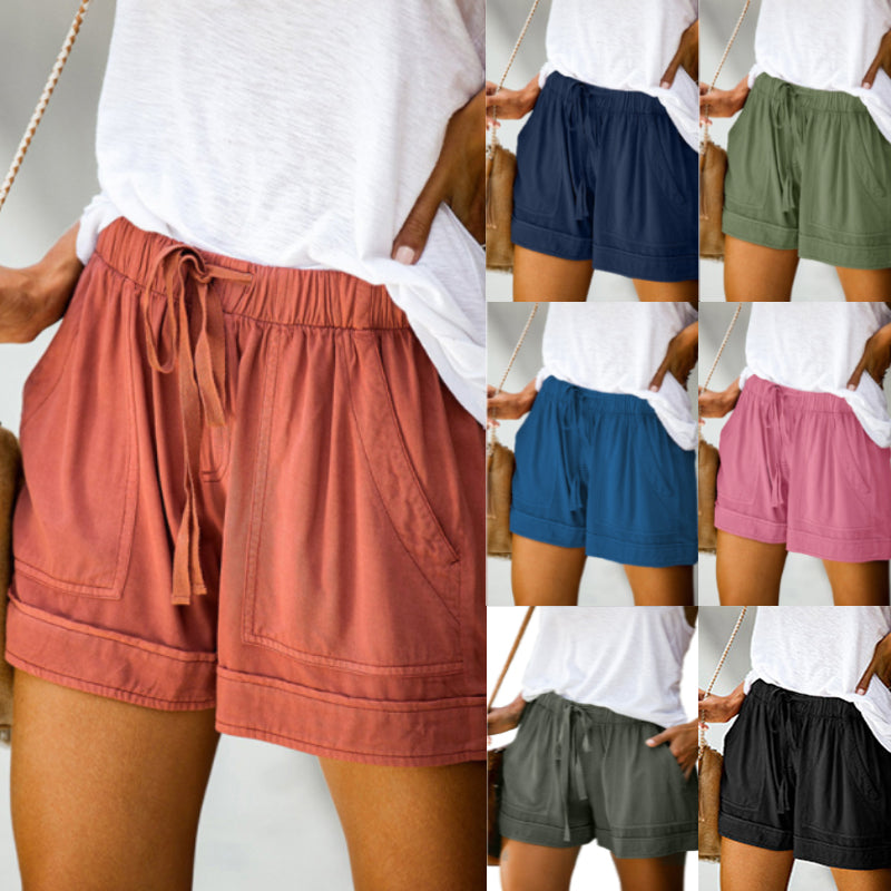 "Damer fritids shorts med hög midja, elastiskt bälte, rak design i bomullsblandning, bekväma och ventilerande, för sommar."