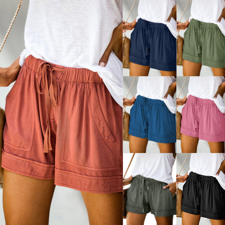 "Damer fritids shorts med hög midja, elastiskt bälte, rak design i bomullsblandning, bekväma och ventilerande, för sommar."