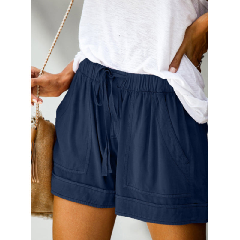 "Damer fritids shorts med hög midja, elastiskt bälte, rak design i bomullsblandning, bekväma och ventilerande, för sommar."