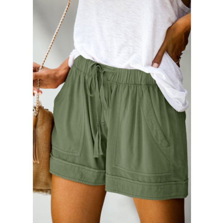 "Damer fritids shorts med hög midja, elastiskt bälte, rak design i bomullsblandning, bekväma och ventilerande, för sommar."