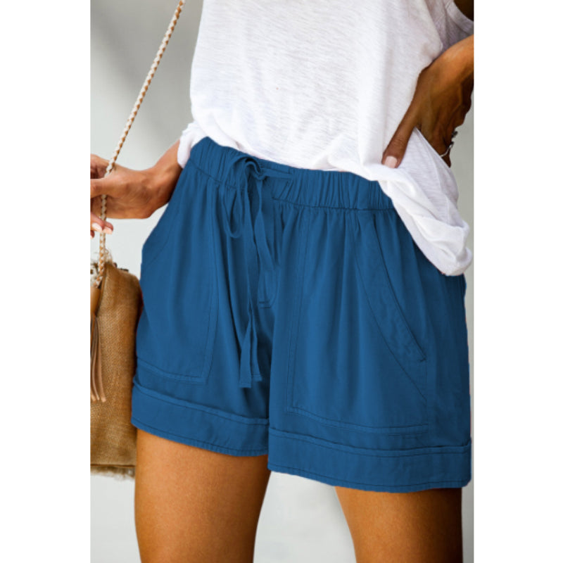 "Damer fritids shorts med hög midja, elastiskt bälte, rak design i bomullsblandning, bekväma och ventilerande, för sommar."