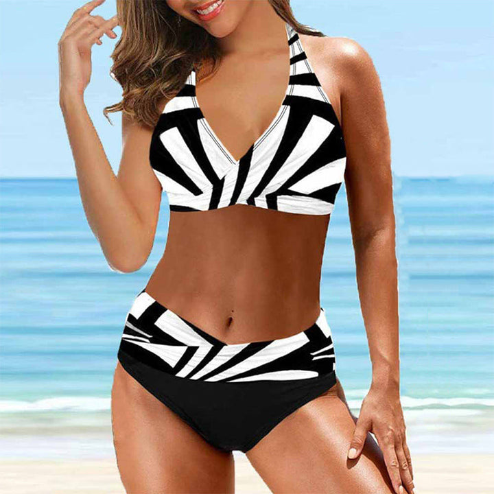 "Damer halterbikini, flerfärgad, randig design, trendig look för soliga dagar vid stranden eller poolen."