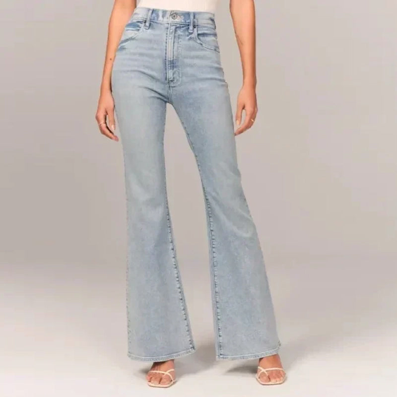 "Damer hög midja stretch denim flared jeans, blå med trendig flare och smickrande passform, perfekt för stil och komfort."