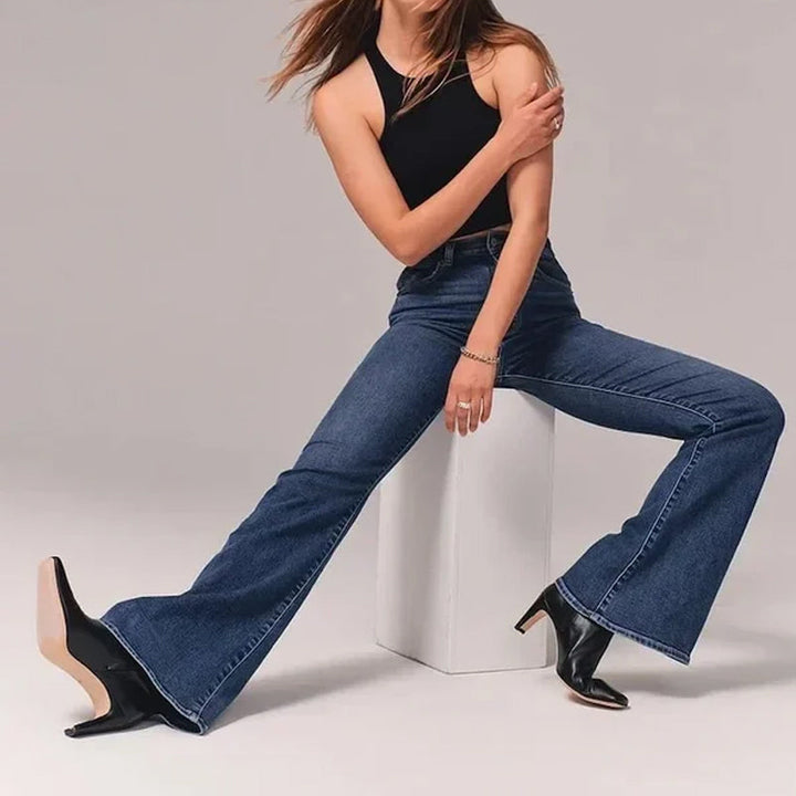 "Damer hög midja stretch denim flared jeans, blå med trendig flare och smickrande passform, perfekt för stil och komfort."