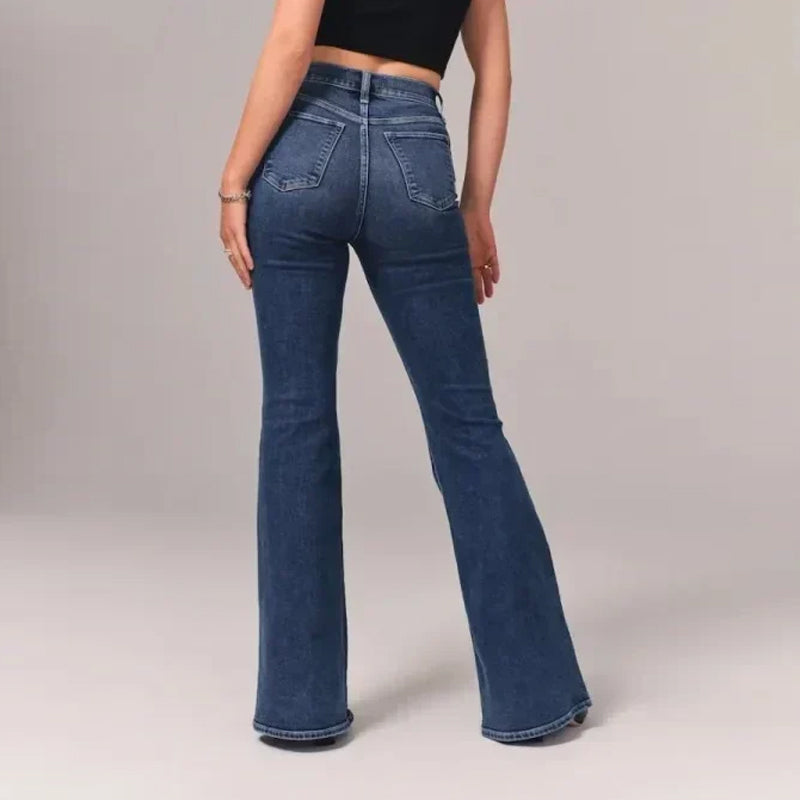 "Damer hög midja stretch denim flared jeans, blå med trendig flare och smickrande passform, perfekt för stil och komfort."