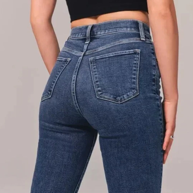 "Damer hög midja stretch denim flared jeans, blå med trendig flare och smickrande passform, perfekt för stil och komfort."
