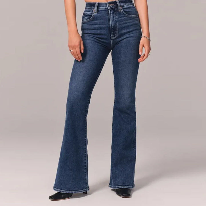 "Damer hög midja stretch denim flared jeans, blå med trendig flare och smickrande passform, perfekt för stil och komfort."