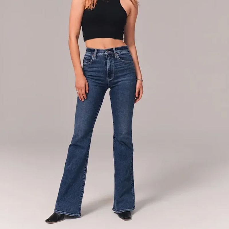 "Damer hög midja stretch denim flared jeans, blå med trendig flare och smickrande passform, perfekt för stil och komfort."