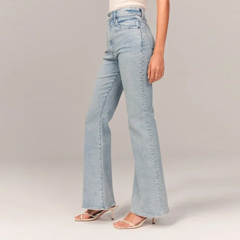 "Damer hög midja stretch denim flared jeans, blå med trendig flare och smickrande passform, perfekt för stil och komfort."