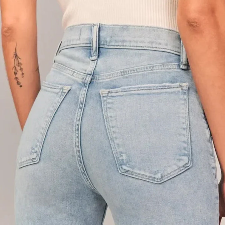 "Damer hög midja stretch denim flared jeans, blå med trendig flare och smickrande passform, perfekt för stil och komfort."