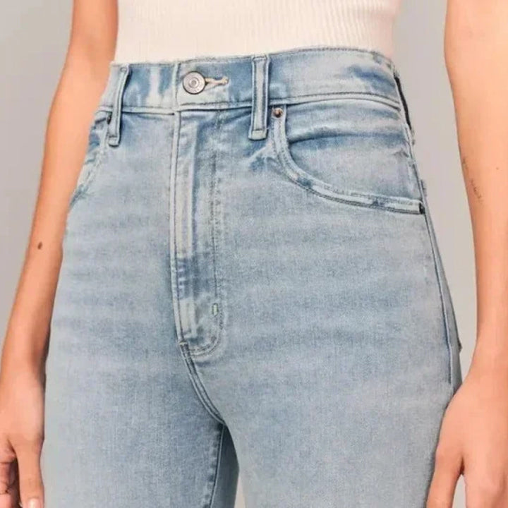 "Damer hög midja stretch denim flared jeans, blå med trendig flare och smickrande passform, perfekt för stil och komfort."