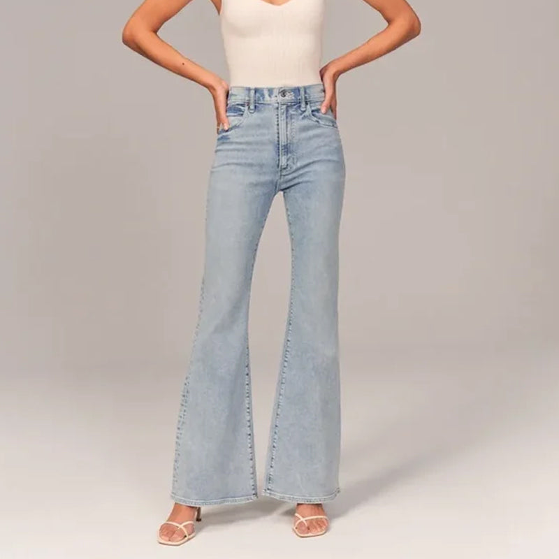 "Damer hög midja stretch denim flared jeans, blå med trendig flare och smickrande passform, perfekt för stil och komfort."