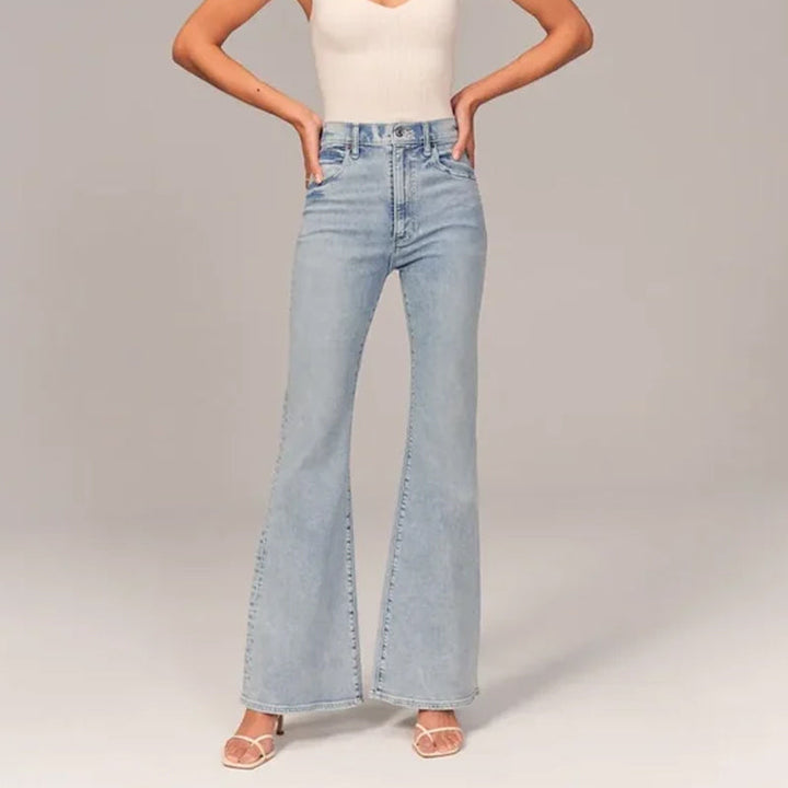 "Damer hög midja stretch denim flared jeans, blå med trendig flare och smickrande passform, perfekt för stil och komfort."
