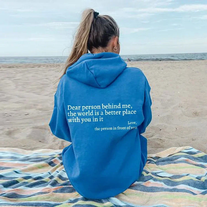 "Damer huvtröja med tryck 'Dear Person Behind Me', aprikos, grå och svart, långärmad, avslappnad och bekväm passform."
