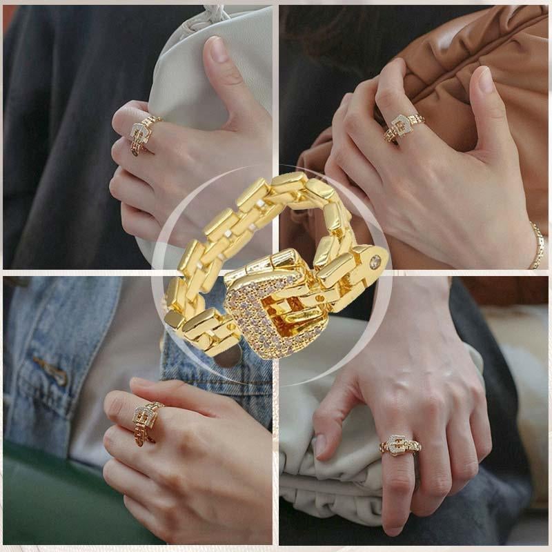 "Damer justerbar gyllene kedjering med gnistrande strass, elegant länkdesign, perfekt för fingertoppsmode."