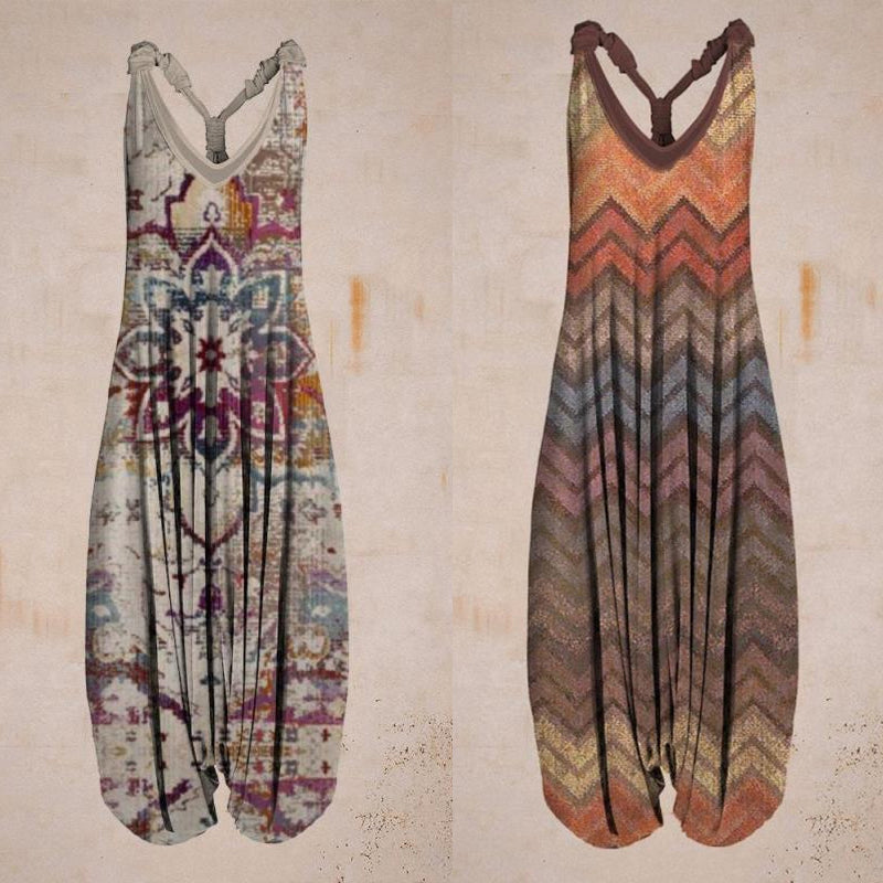"Damer linne jumpsuit med tropiskt tryck, färgglatt blomtryck, rymlig passform, perfekt för sommar och semester."